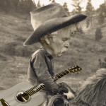 This (heavily doctored) photo started from a family archive photo of my great cousin Pete Conover on horseback in the cowboy country, of what we believe is Wyoming. This is before he died of appendicitis out on the range –– true story!